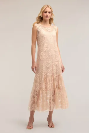 Rochie lunga din dantela cu terminatie cu volan si model floral