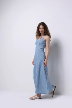 Rochie lunga din denim cu decolteu in V - fara maneci