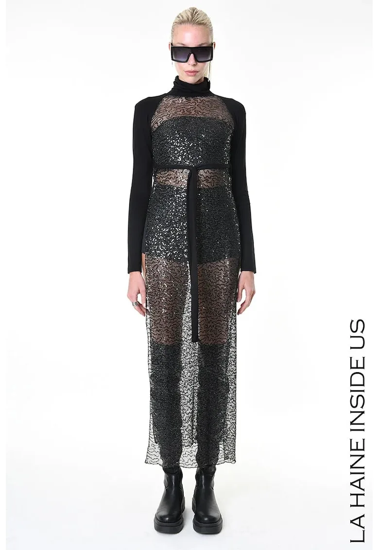 Rochie lunga din paiete - cu guler inalt si cordon in talie