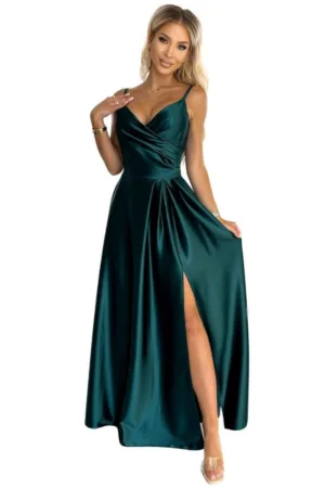 Rochie lunga din satin cu bretele si crapatura
