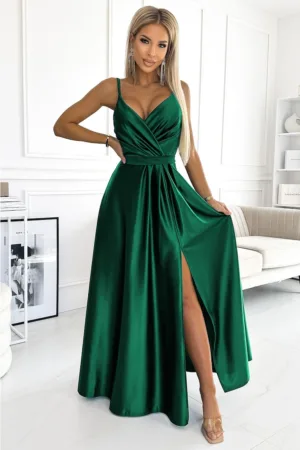 Rochie lunga din satin cu crapatura pe picior -