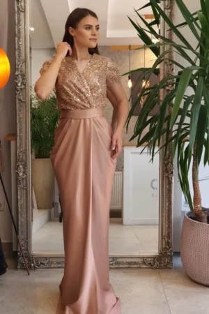 Rochie lunga din tafta bej confectionat din tesatura pretioasa