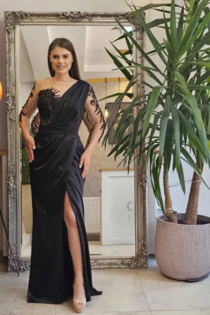 Rochie lunga din tafta cu slit pe picior si broderie pretioasa