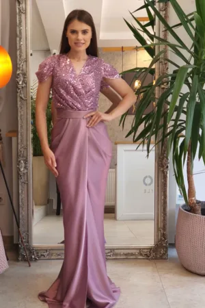 Rochie lunga din tafta cu slit si falduri in lateral