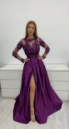 Rochie lunga din tafta mov cu broderie din flori 3D in partea superioara