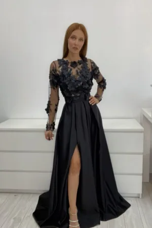 Rochie lunga din tafta neagra cu slit pe picior