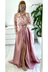 Rochie lunga din tafta roz prafuit cu broderie florala 3D