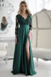 Rochie lunga din tafta verde cu broderie in partea superioara