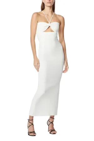 Rochie lunga din tesatura emblematica cu bustul decupat central si bretele subtiri