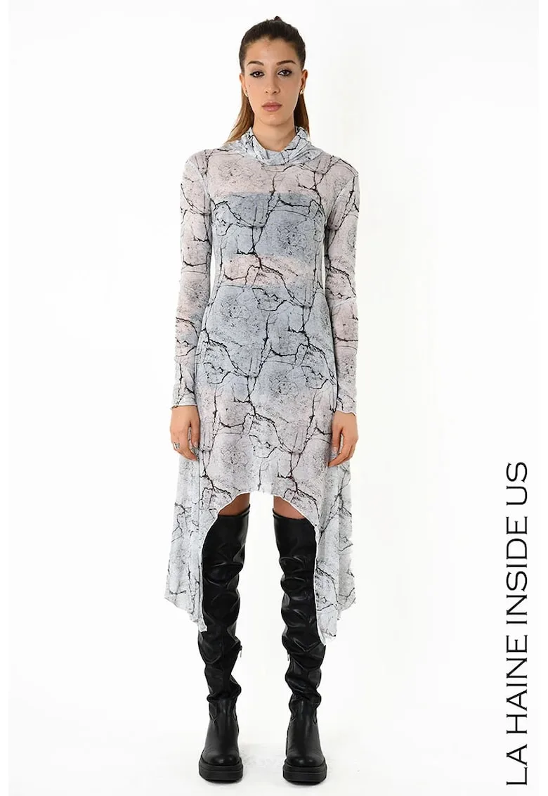 Rochie lunga din tul cu imprimu si guler inalt