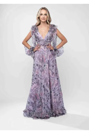 Rochie lunga din voal de matase cu imprimeu si volane dramatice