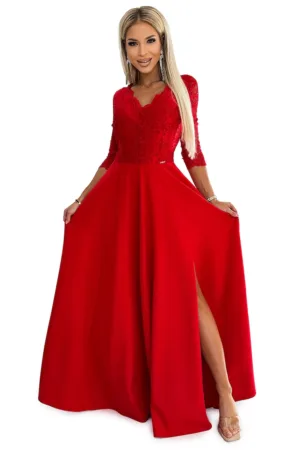 Rochie lunga eleganta din dantela cu crapatura pe picior
