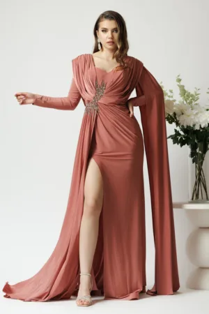 Rochie lunga eleganta din lycra roz coniac cu strasuri pe talie