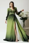 Rochie lunga eleganta din lycra verde in degradee cu strasuri in talie