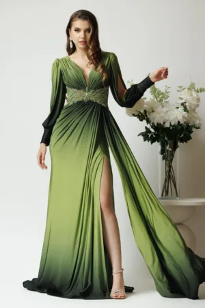 Rochie lunga eleganta din lycra verde in degradee cu strasuri in talie