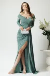 Rochie lunga eleganta din lycra verde mint cu strasuri la decolteu si maneci detasabile