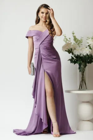 Rochie lunga eleganta din satin lila cu froseu pe talie si volan pe fusta