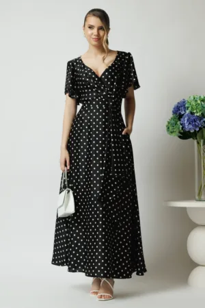 Rochie lunga eleganta din satin neagra cu buline si volan