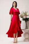 Rochie lunga eleganta din satin rosu zmeura cu volan pe fusta