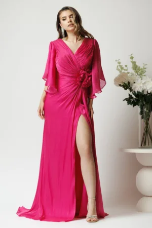 Rochie lunga eleganta din voal fucsia cu reflexii si floare maxi in talie