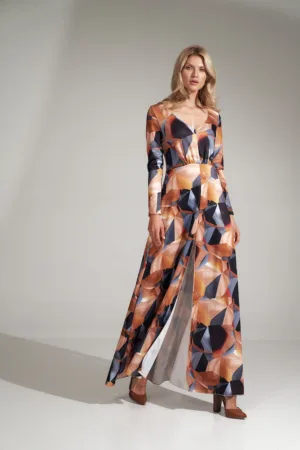Rochie lunga eleganta - model geometric - culoare unica - poliester