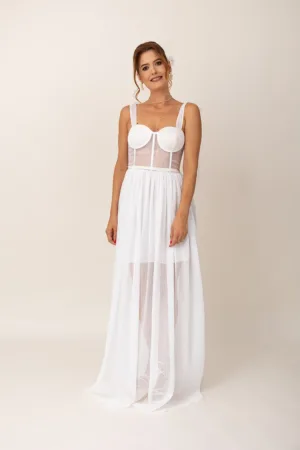 Rochie lunga evazata cu detalii semitransparente