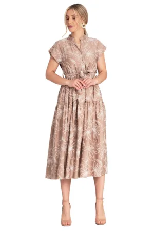 Rochie lunga florala M1180 - guler ridicat - bej - viscoza - nailon -