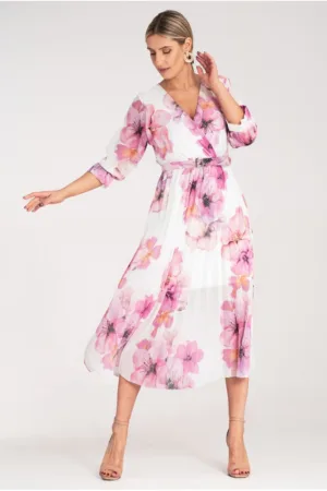 Rochie lunga - florala - alba - plisata - poliester -