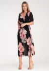 Rochie lunga -  florala - neagra - plisata - poliester -
