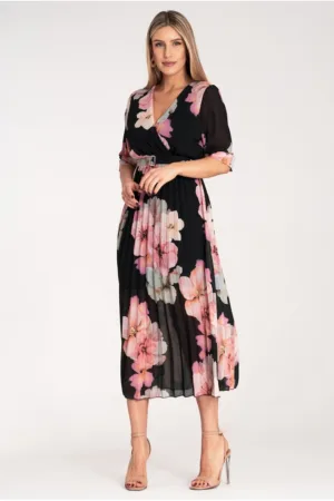 Rochie lunga - florala - neagra - plisata - poliester -