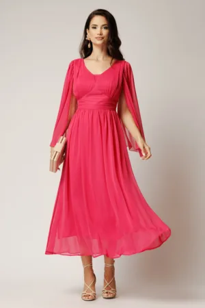 Rochie lunga fucsia din voal creponat in clos cu maneci despicate