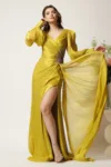 Rochie lunga galbena din voal plisat cu strasuri in talie