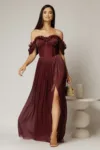 Rochie lunga grena de ocazie din voal peliculizat cu bust tip corset