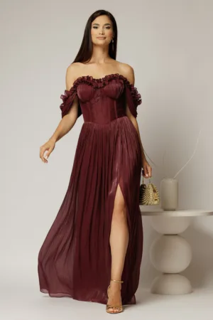 Rochie lunga grena de ocazie din voal peliculizat cu bust tip corset