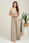 Rochie lunga gri din viscoza cu croi lejer si snur reglabil in talie