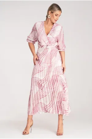 Rochie lunga imprimeu floral - roz - alb - cu volan - poliester -