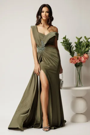 Rochie lunga kaki din lycra mulata cu tull transparent si strasuri in talie