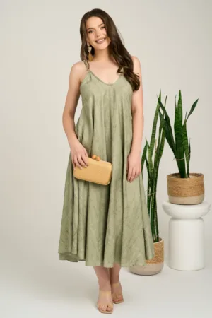 Rochie lunga kaki din viscoza cu croi tip A si bretele subtiri