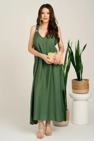 Rochie lunga kaki din viscoza cu croi tip A si crapaturi in laterale