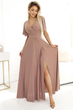 Rochie lunga maxi cu decolteu petrecut - Bej inchis