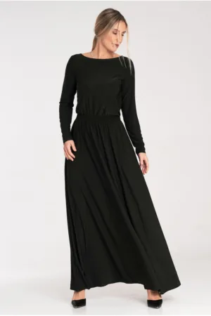 Rochie lunga - model M1052 - maneci lungi - neagra - poliester-elastan
