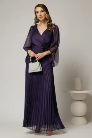 Rochie lunga mov eleganta de ocazie cu fusta plisata si floare in talie
