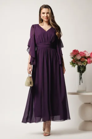 Rochie lunga mov in clos din voal cu decolteu- Moze