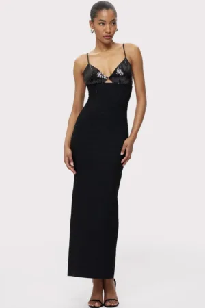 Rochie lunga - mulata pe corp - cu bretele si aplicatii din paiete