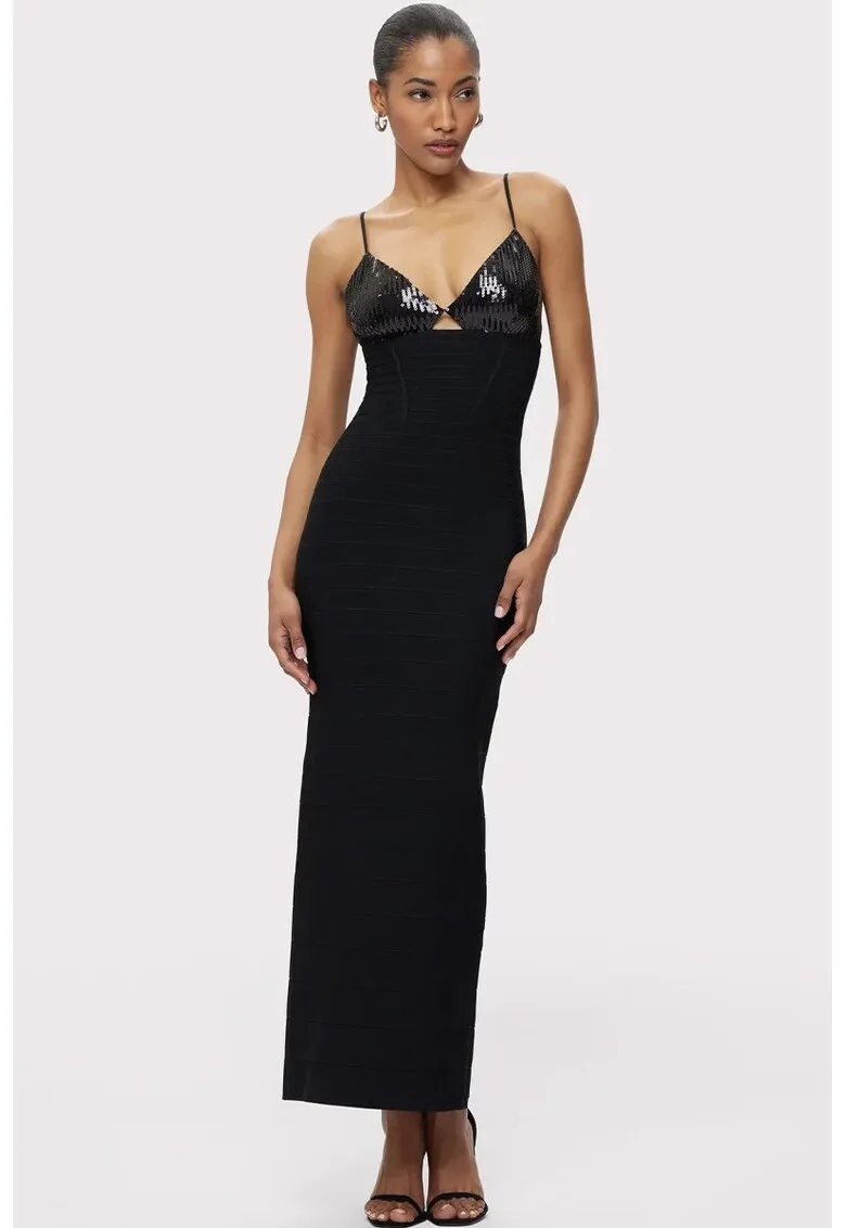 Rochie lunga - mulata pe corp - cu bretele si aplicatii din paiete