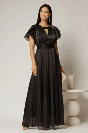 Rochie lunga neagra de ocazie din voal peliculizat cu decupaj si impletitura la decolteu
