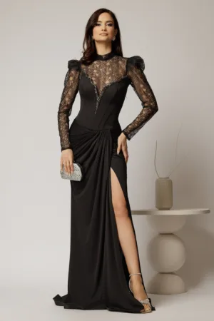 Rochie lunga neagra de seara cu top din dantela detasabil