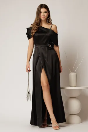 Rochie lunga neagra de seara din tafta eleganta