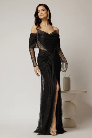 Rochie lunga neagra de seara tip sirena din dantela si decolteu accesorizat