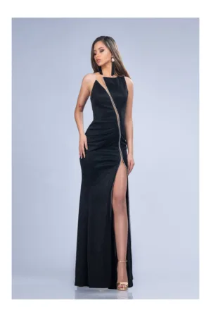 Rochie lunga neagra din lurex cu strasuri si crapatura maxi